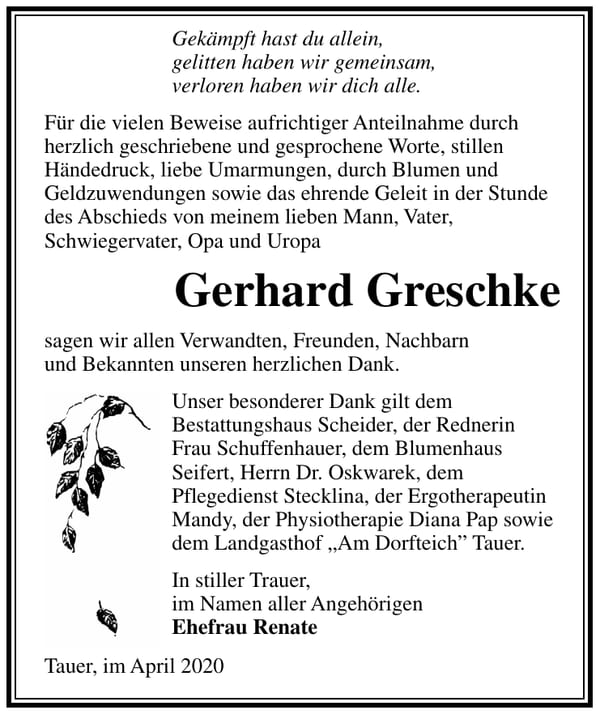 Danksagung Gerhard Greschke