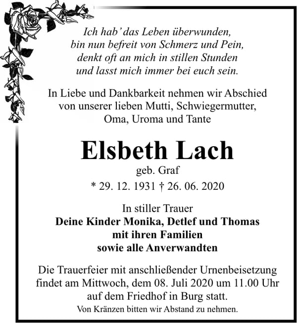 Traueranzeige Elsbeth Lach, geb. Graf