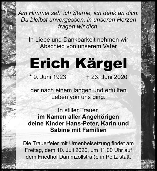 Traueranzeige Erich Kärgel