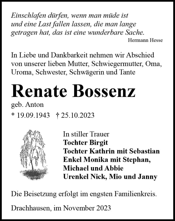 Traueranzeige Renate Bossenz, geb. Anton