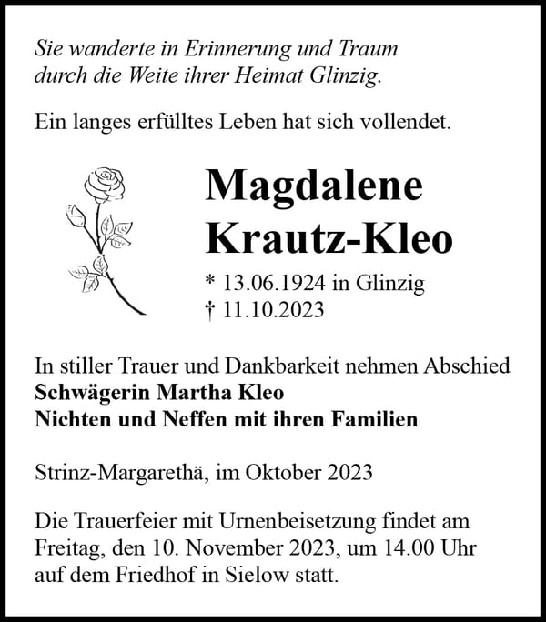 Traueranzeige Magdalene Krautz-Kleo