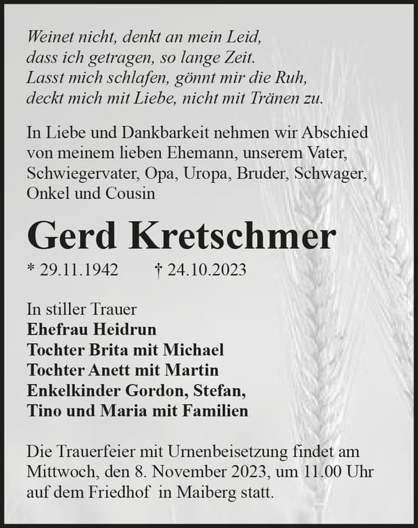 Traueranzeige Gerd Kretschmer