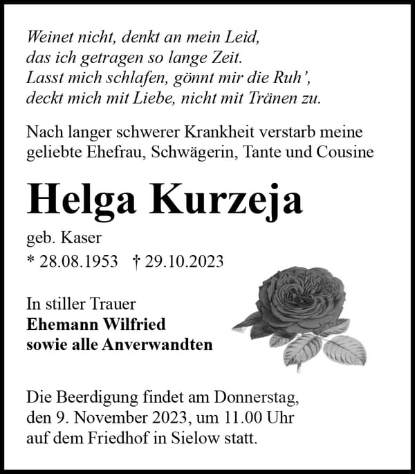 Traueranzeige Helga Kurzeja, geb. Kaser