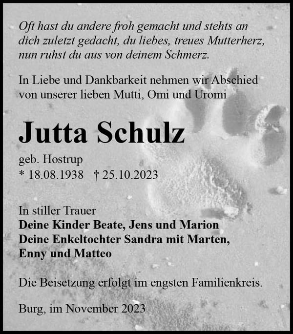 Traueranzeige Jutta Schulz, geb. Hostrup