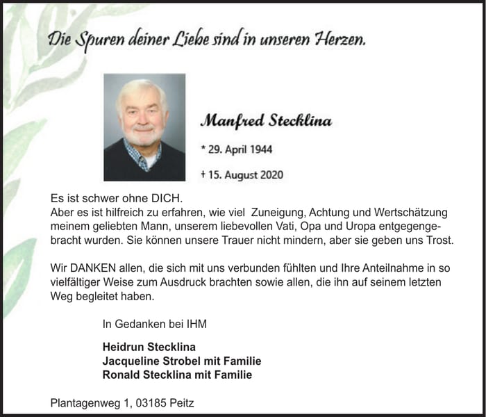 Traueranzeige Heidrun Stecklina