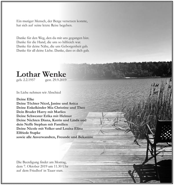 Traueranzeige Lothar Wenke