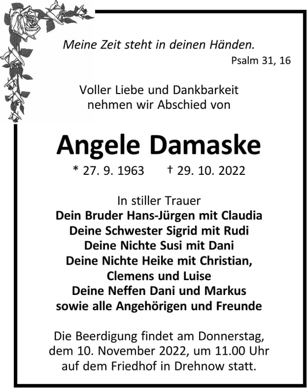 Traueranzeige Angele Damaske