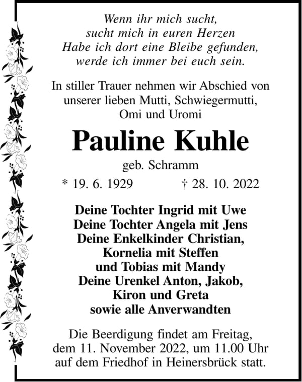Traueranzeige Pauline Kuhle, geb. Schramm