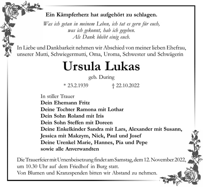 Traueranzeige Ursula Lukas, geb. During