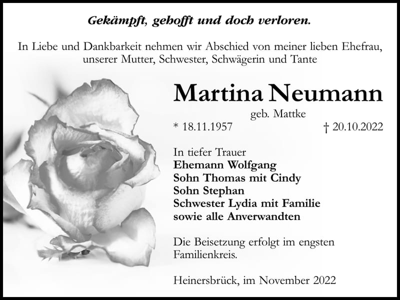 Traueranzeige Martina Neumann, geb. Mattke