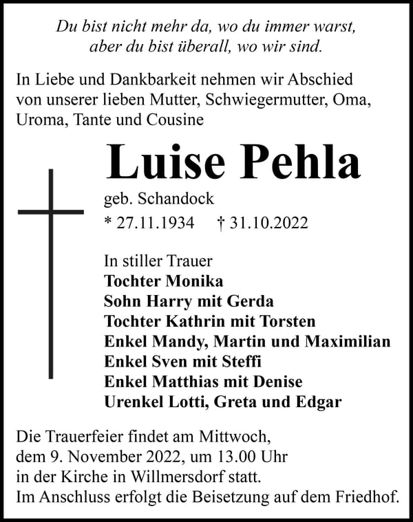 Traueranzeige Luise Pehla, geb. Schandock