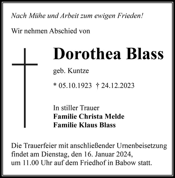 Traueranzeige Dorothea Blass, geb. Kuntze