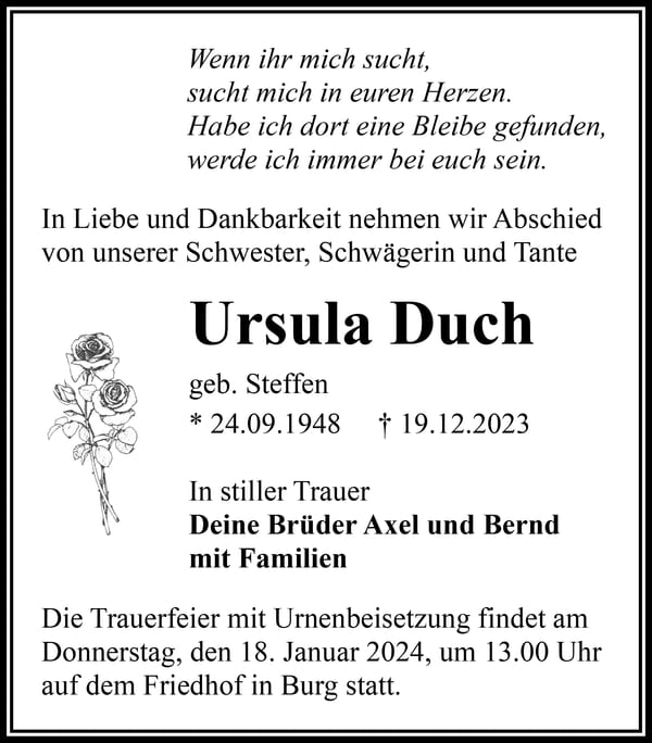 Traueranzeige Ursula Duch, geb. Steffen