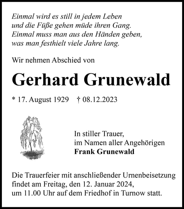 Traueranzeige Gerhard Grunewald