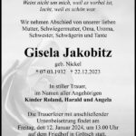 Traueranzeige Gisela Jakobitz, geb. Nickel