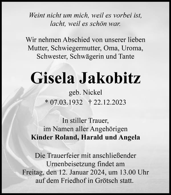Traueranzeige Gisela Jakobitz, geb. Nickel
