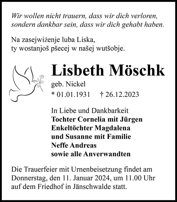 Traueranzeige Lisbeth Möschk, geb. Nickel