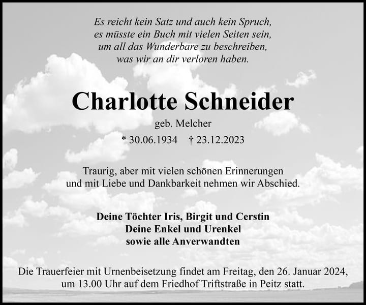 Traueranzeige Charlotte Schneider, geb. Melcher