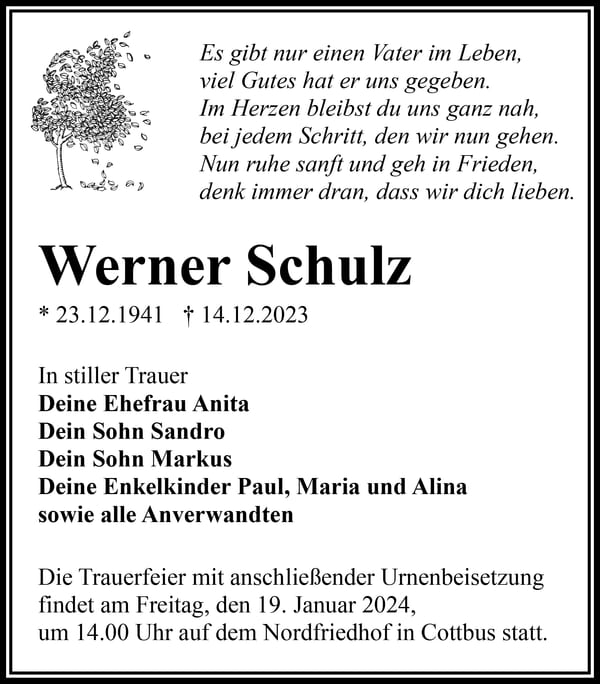 Traueranzeige Werner Schulz