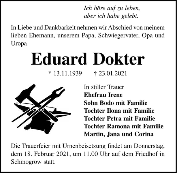 Traueranzeige Eduard Dokter
