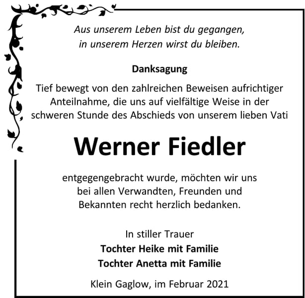 Danksagung Werner Fiedler