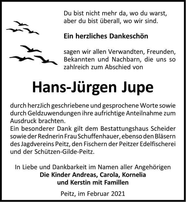 Danksagung Hans-Jürgen Jupe