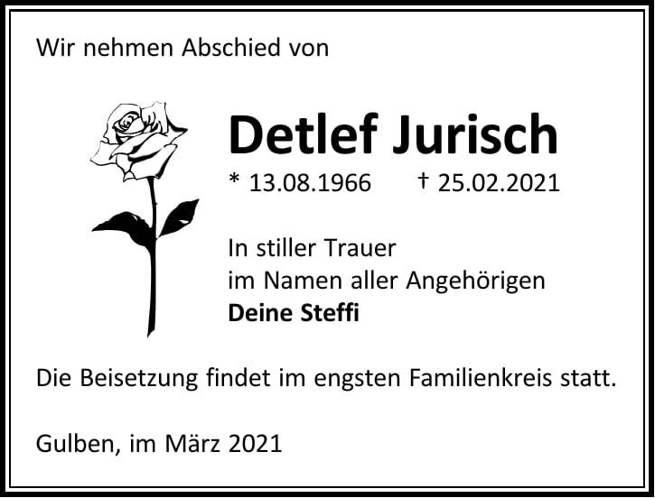 Traueranzeige Detlef Jurisch