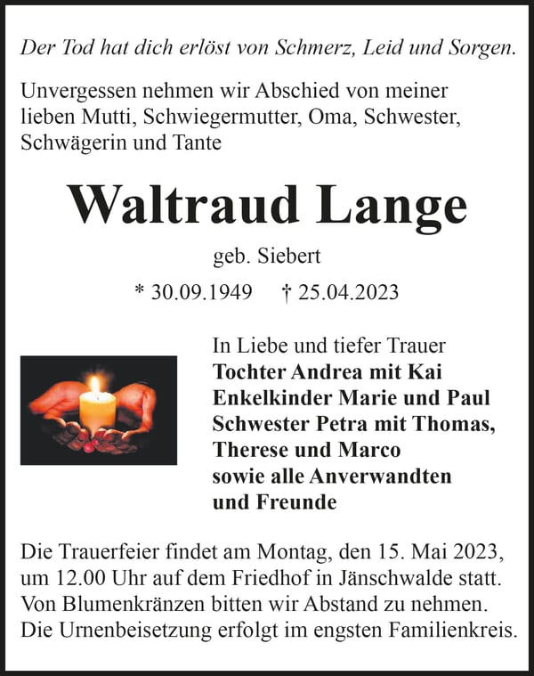 Traueranzeige Waltraud Lange, geb. Siebert