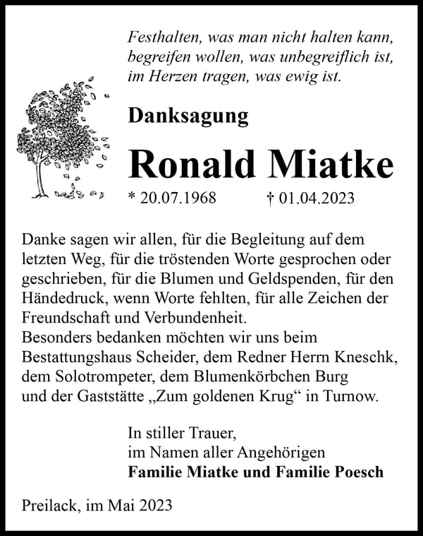 Danksagung Ronald Miatke