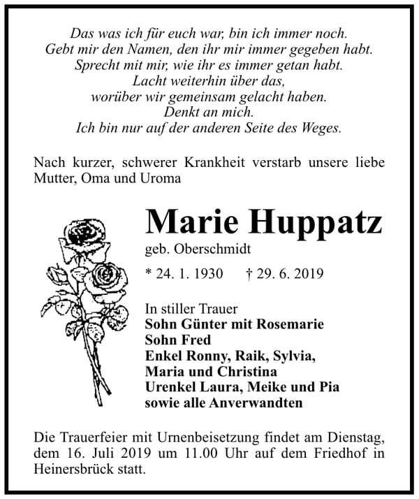 Traueranzeige Marie Huppatz, geb. Oberschmidt