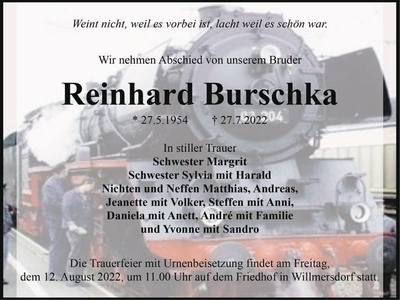 Traueranzeige Reinhard Burschka