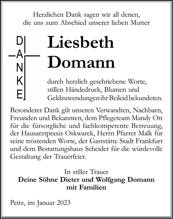 Danksagung Liesbeth Domann