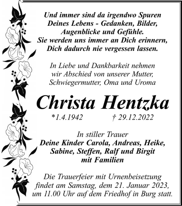 Traueranzeige Christa Hentzka