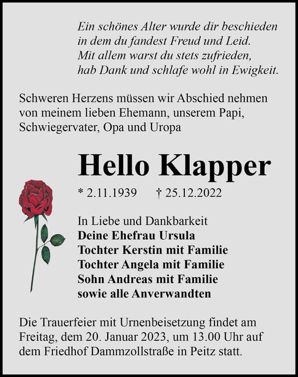 Traueranzeige Hello Klapper