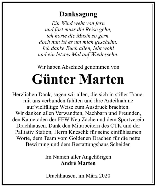 Danksagung Günter Marten