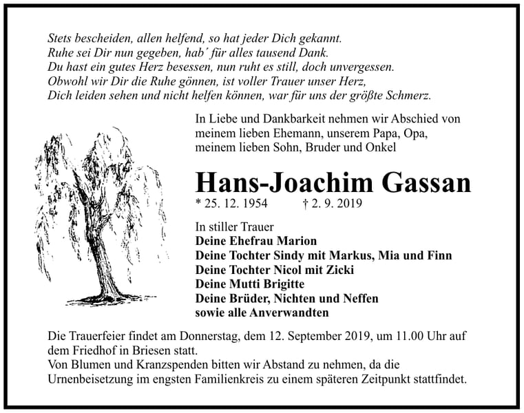 Traueranzeige Hans-Joachim Gassan