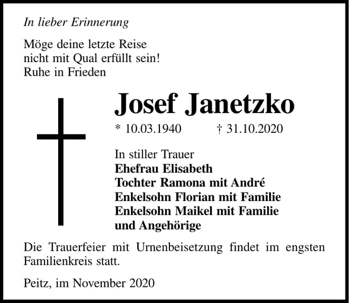 Traueranzeige Josef Janetzko