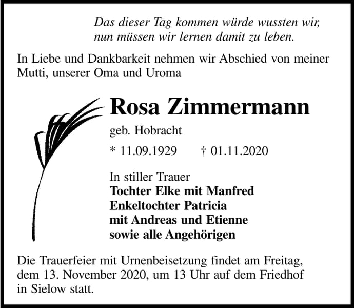 Traueranzeige Rosa Zimmermann, geb. Hobracht