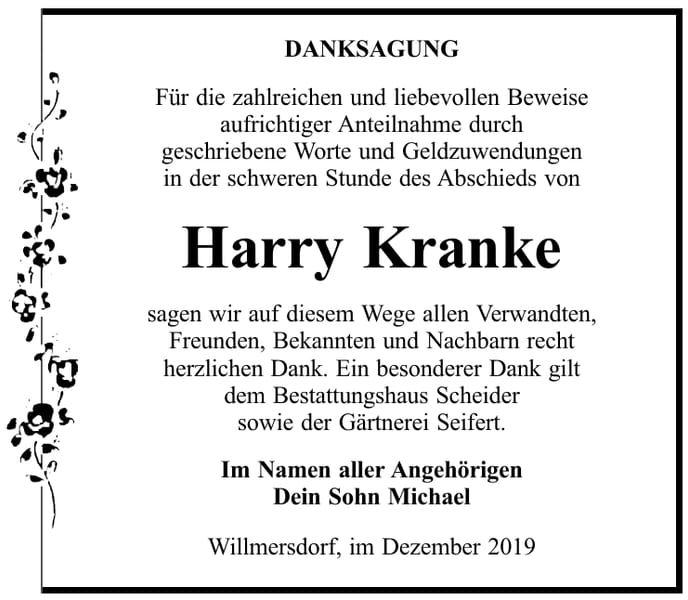 Danksagung Harry Kranke