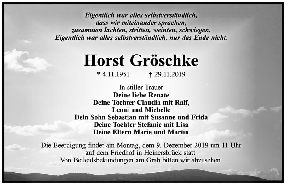 Traueranzeige Horst Gröschke