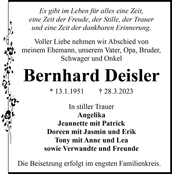 Traueranzeige Bernhard Deisler