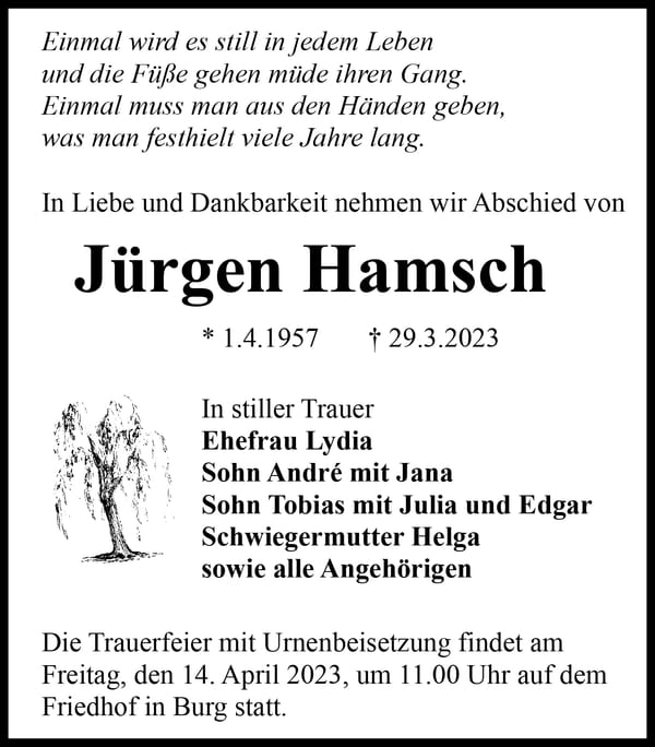 Traueranzeige Jürgen Hamsch