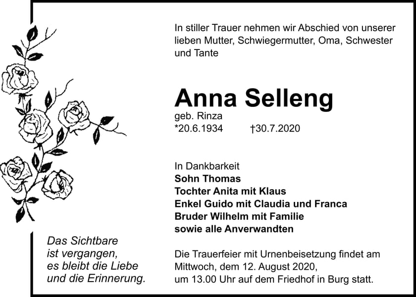 Traueranzeige Anna Selleng, geb. Rinza