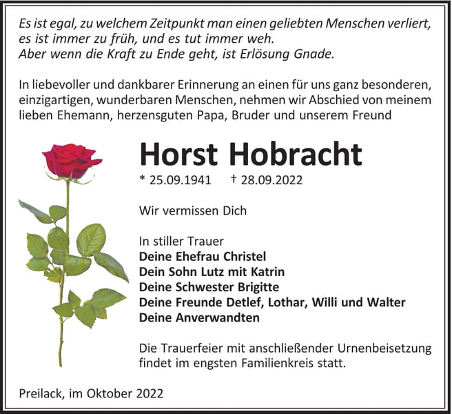 Traueranzeige Horst Hobracht
