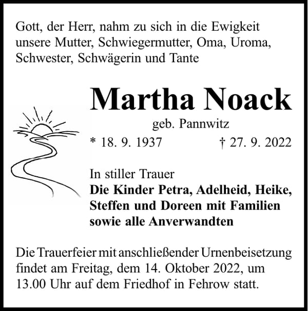 Traueranzeige Martha Noack, geb. Pannwitz