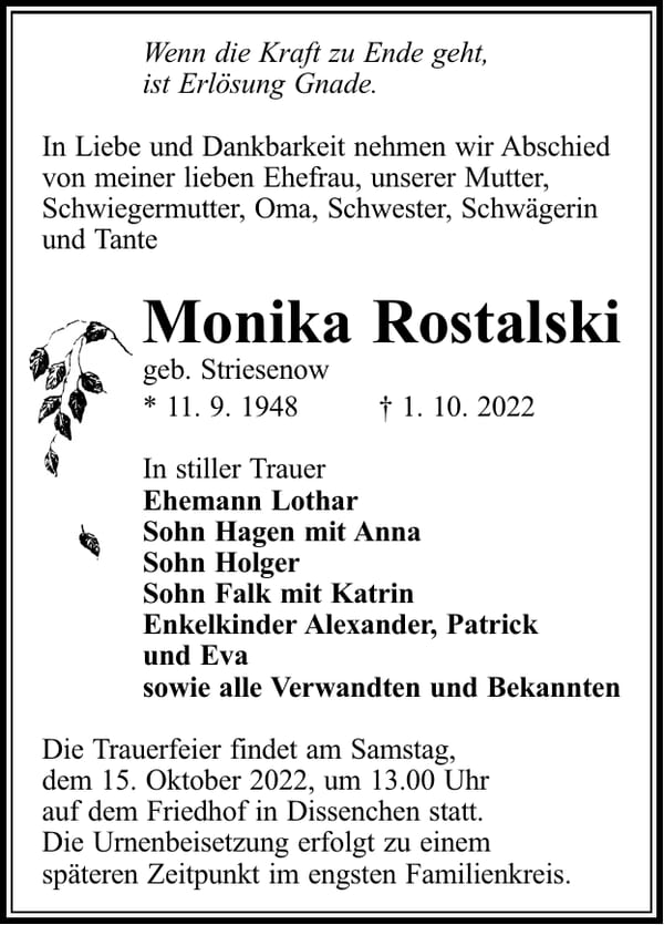 Traueranzeige Monika Rostalski, geb. Striesenow