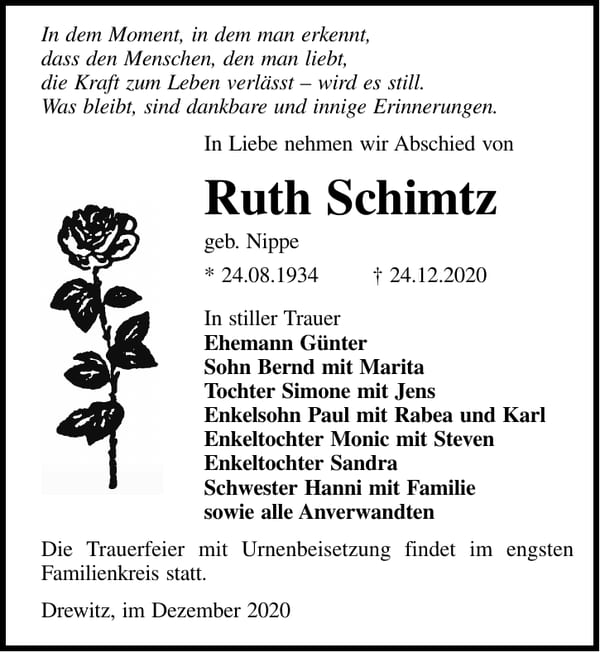 Traueranzeige Ruth Schimtz, geb. Nippe