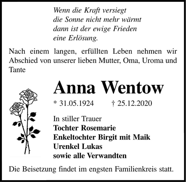 Traueranzeige Anna Wentow