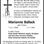 Traueranzeige Marianne Ballack, geb. Pumpa