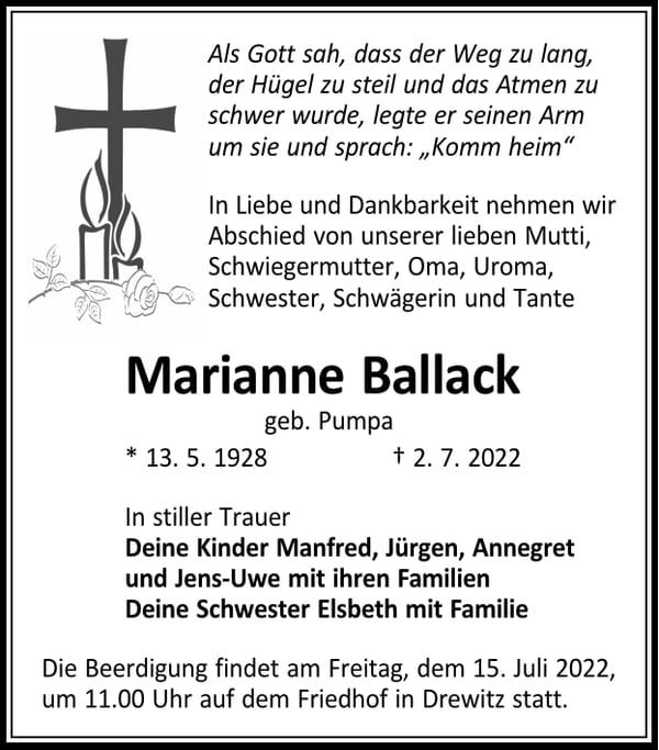 Traueranzeige Marianne Ballack, geb. Pumpa